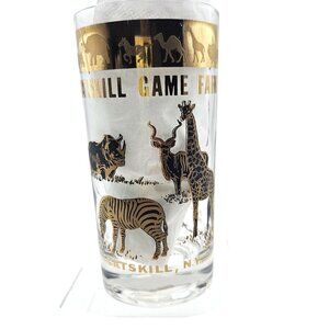 Vintage MCM Catskill Game Farm Glass Tumbler Black Gold Animal Motif & Wildlife